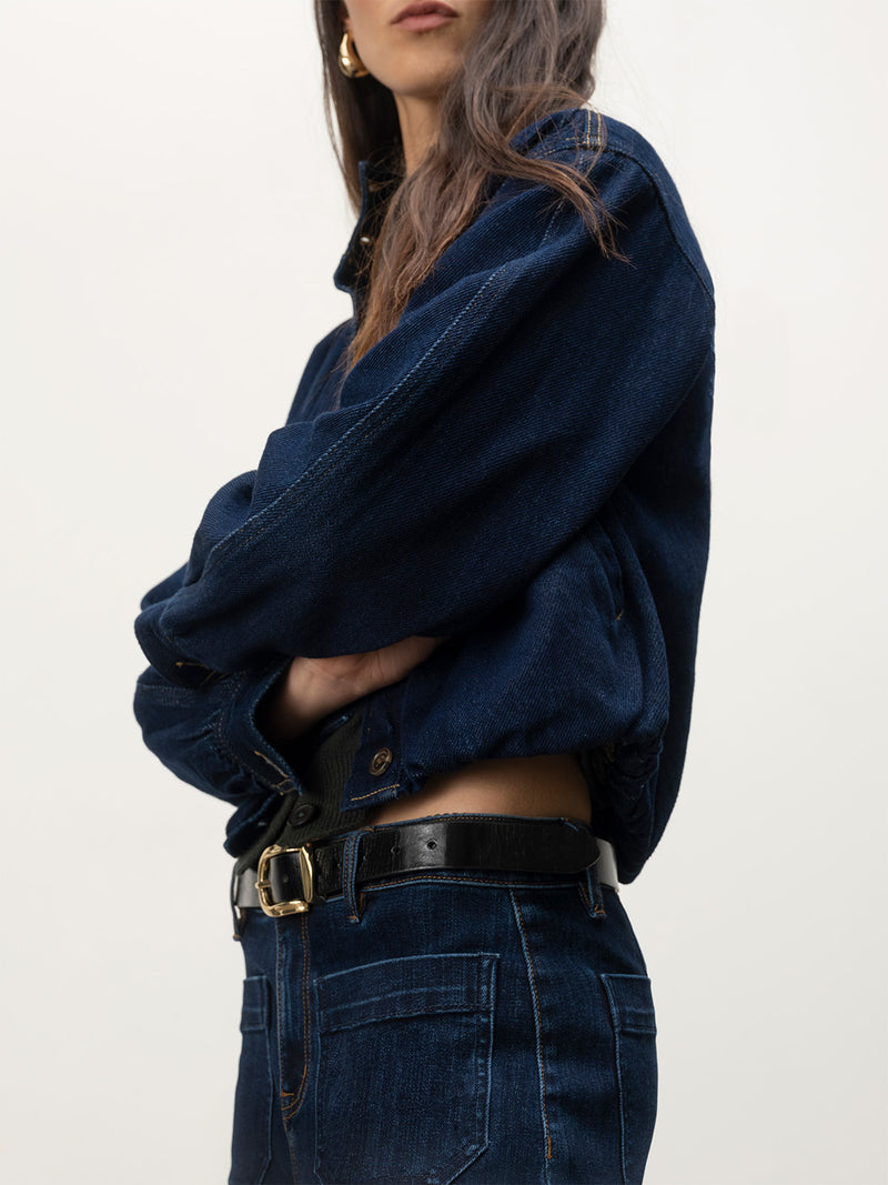 Bubble Hem Bomber Jacket Dark Denim alt 2
