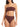 A woman models Sanctuary Clothing's espresso high leg, high rise bikini bottom with a matching brown, ribbed bandeau top featuring vertical stripes. Her head is partially out of the frame.