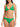 A woman models the Sanctuary Clothing tunnel triangle bikini top in green, paired with matching low-rise bottoms. She stands against a plain white background with her face partially out of frame.