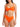 A woman models the Sanctuary Clothing underwire bra bikini top in hibiscus orange, featuring thin straps and a knotted front, paired with high-waisted V-cut bottoms. Her head is partially out of the frame.