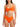 A woman wears the Sanctuary Clothing underwire bra bikini top in hibiscus, featuring thin straps and a V-neckline. The matching high-waisted bottom completes the bright orange look. Her face is partially out of frame.