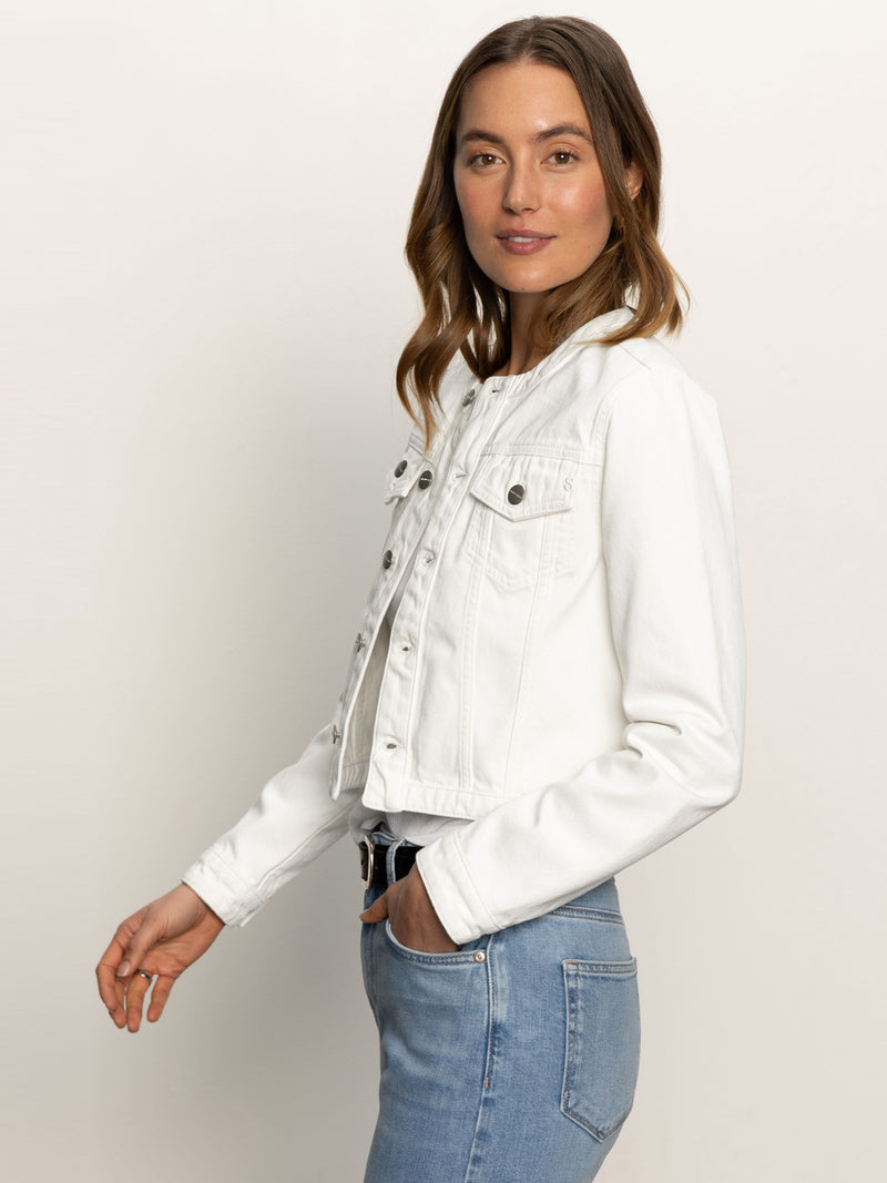 Denim Collarless Lady Jacket White alt 4