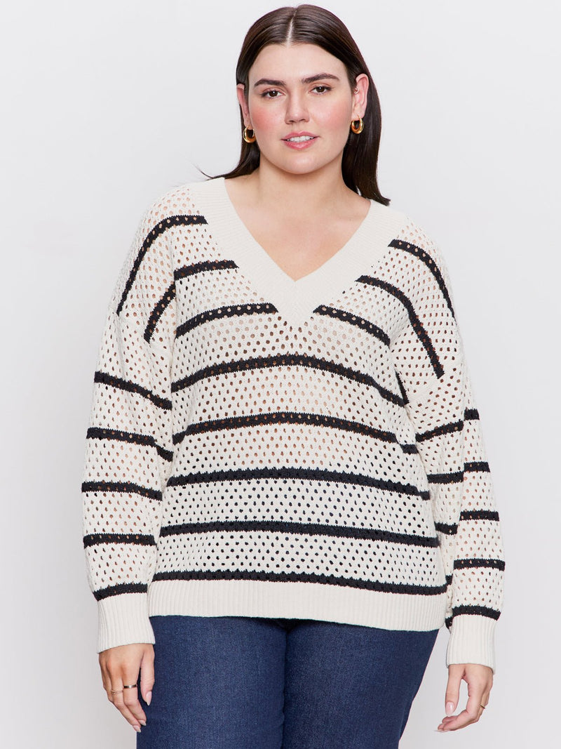 Airy Openwork Sweater Chalk Black Stripe Extended Sizing alt 1