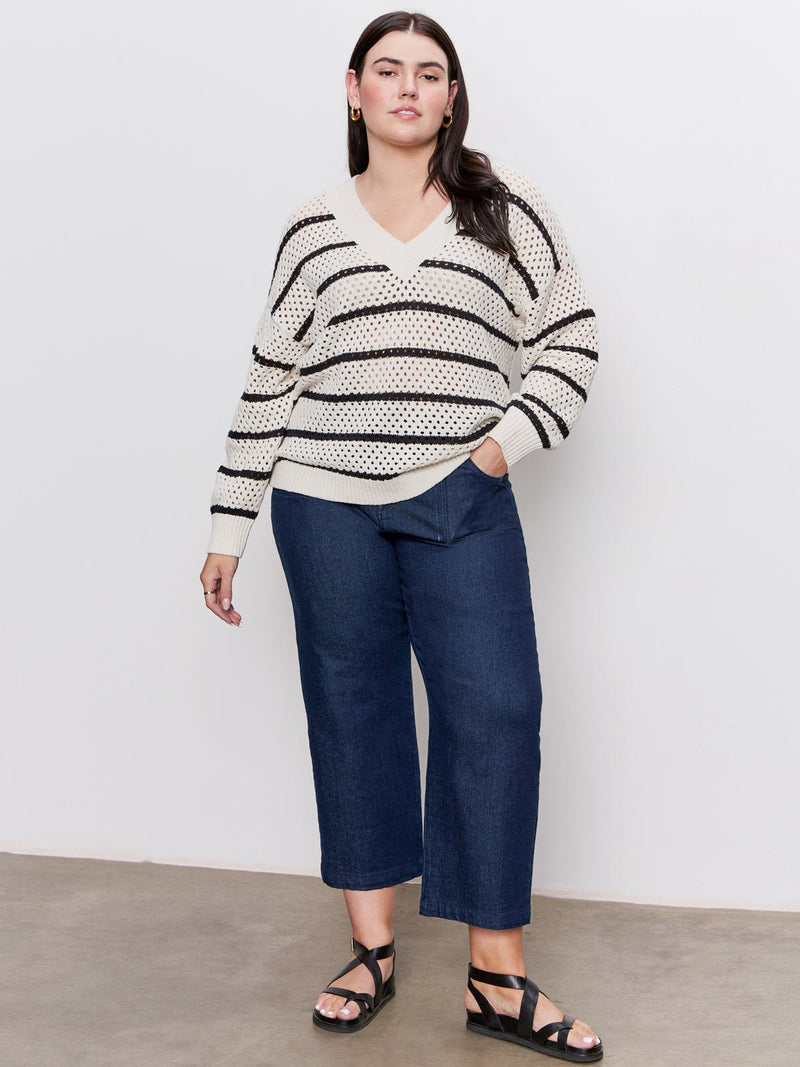 Airy Openwork Sweater Chalk Black Stripe Extended Sizing alt 4