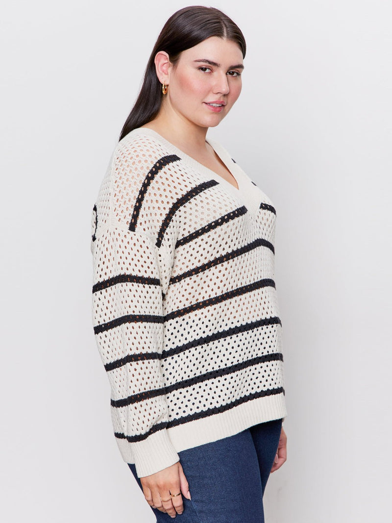 Airy Openwork Sweater Chalk Black Stripe Extended Sizing alt 3