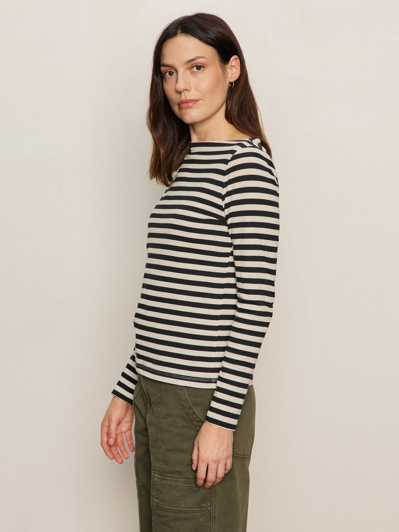 Boatneck Long Sleeve Tee Light Oat/Black Stripe alt 2