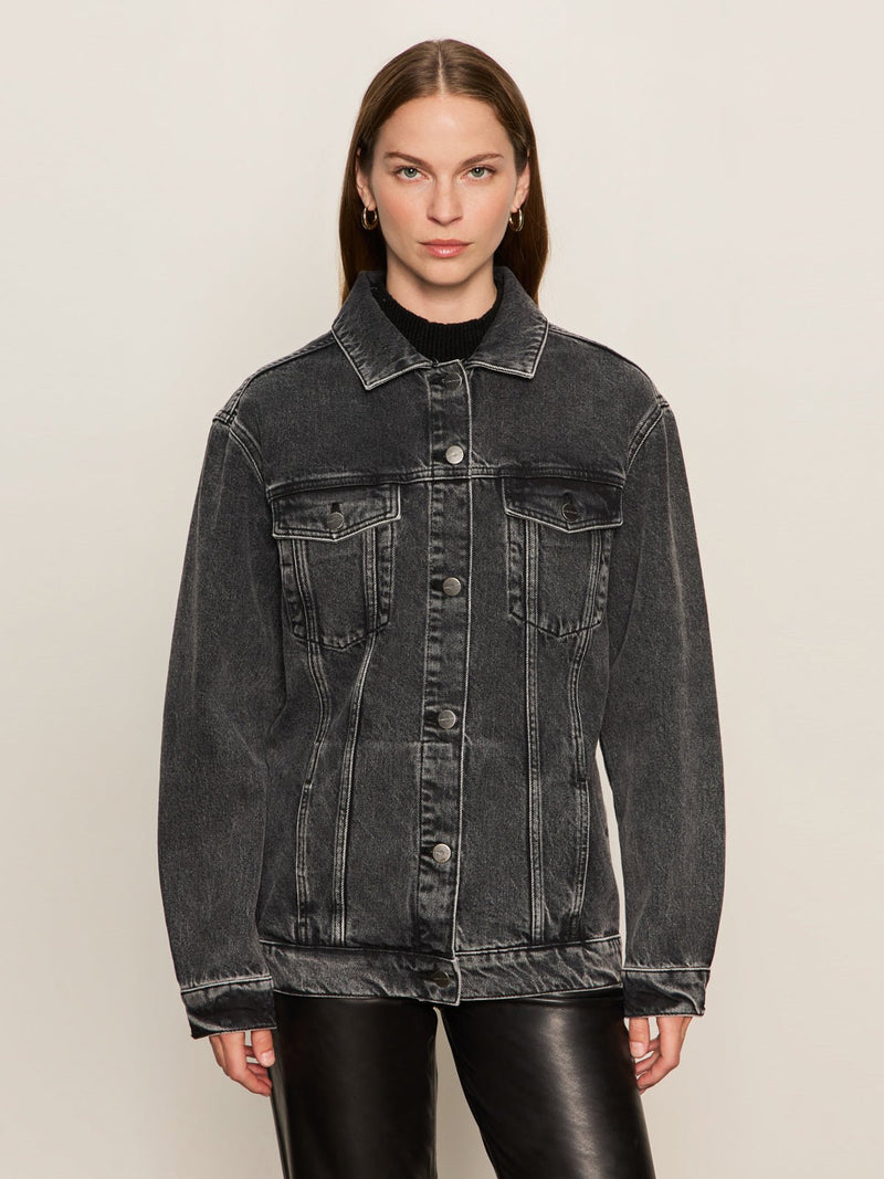 Boyfriend Trucker Jacket Washed Black Denim alt 4
