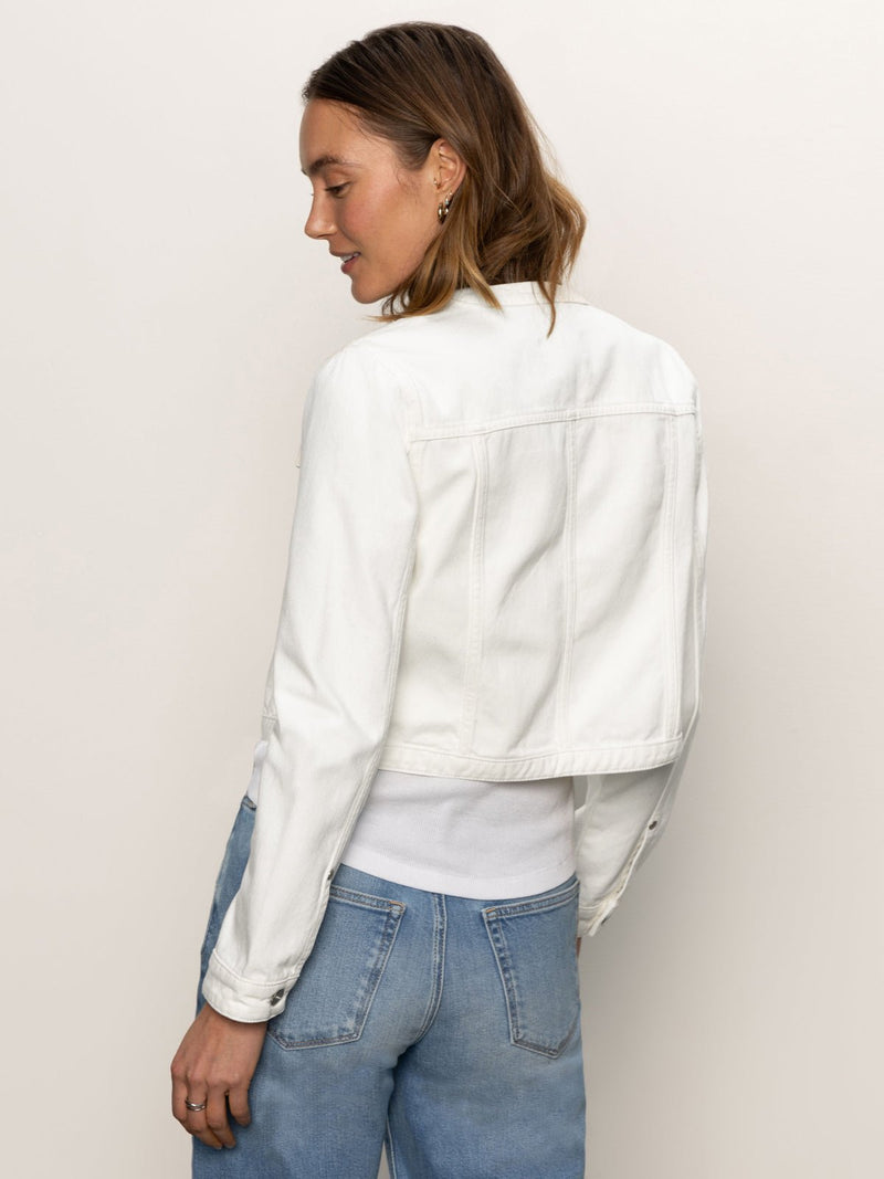 Denim Collarless Lady Jacket White alt 3