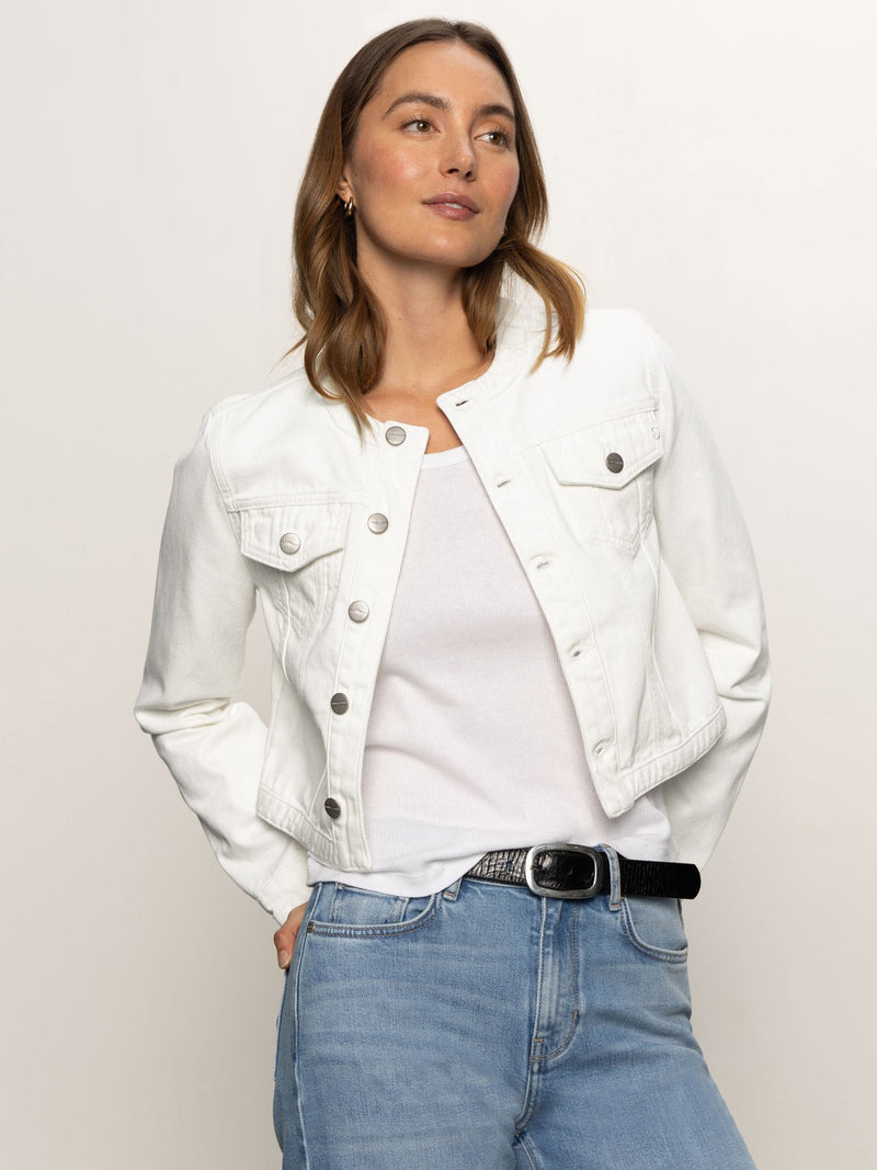 Denim Collarless Lady Jacket White alt 1