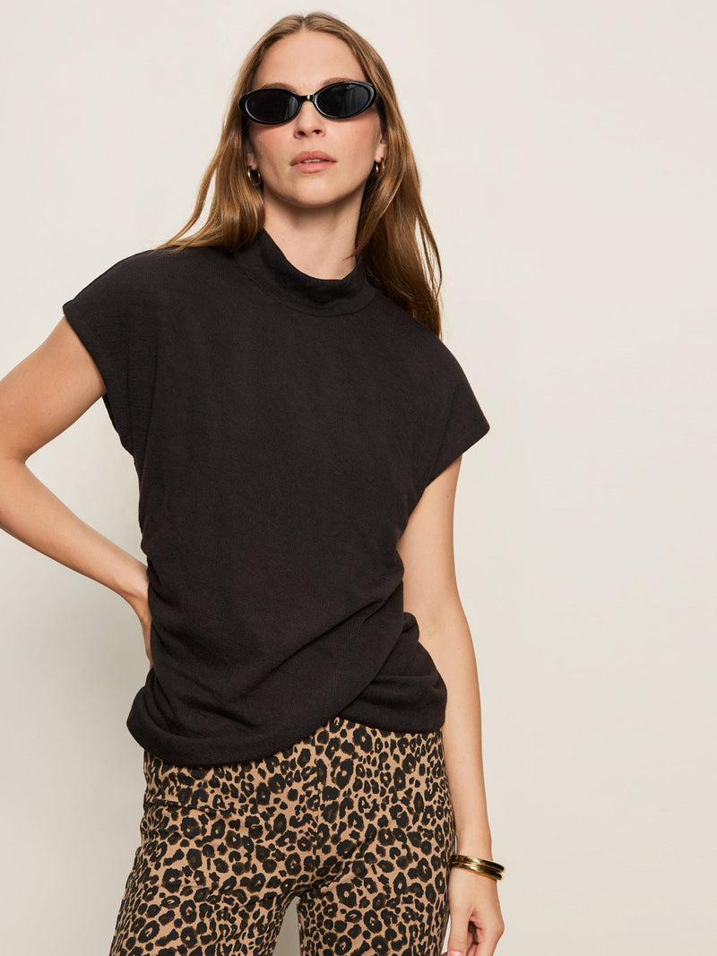 Draped Sleeveless Mock Neck Top Black