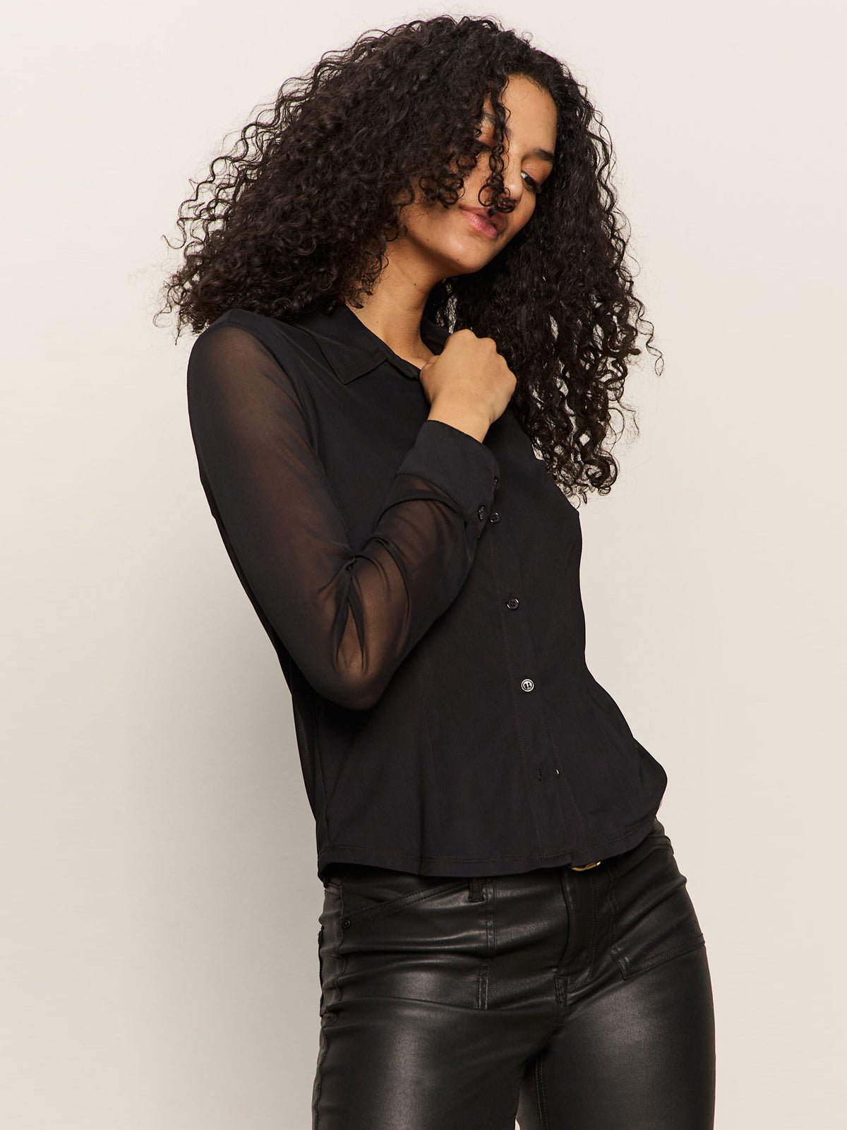 Fitted Mesh Button Down Top Black - Sanctuary Clothing