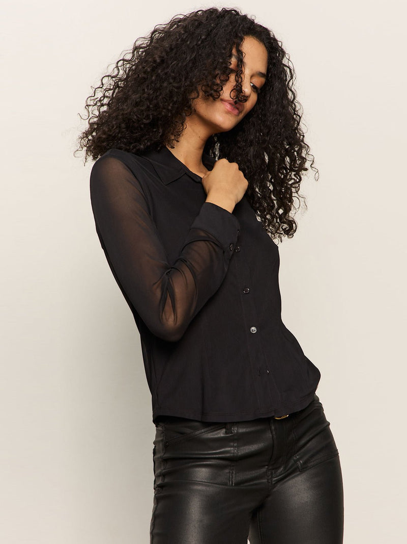 Fitted Mesh Button Down Top Black alt 2