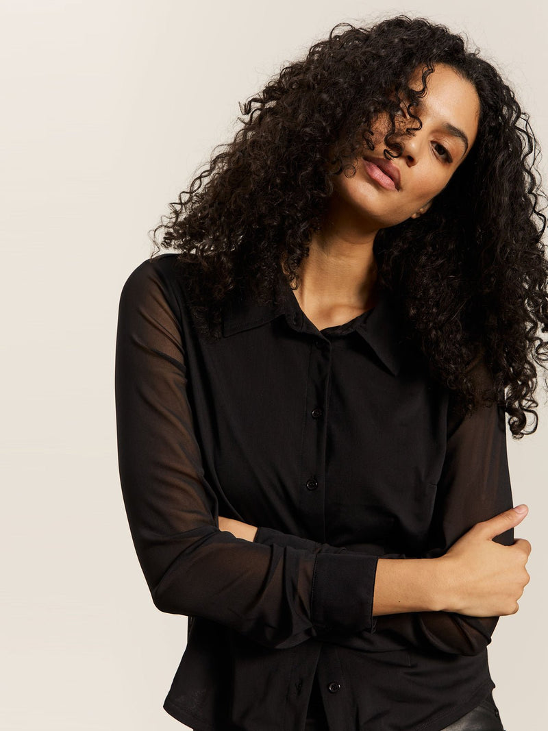 Fitted Mesh Button Down Top Black
