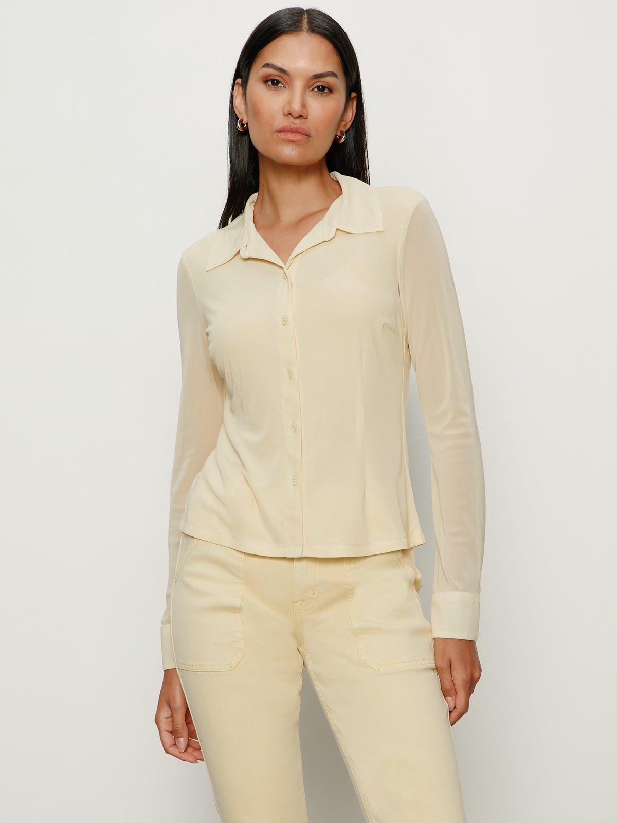 Sanctuary Women's Fitted Mesh Button Down Shirt - Buttercream - 2XL Sanctuary Women's Fitted Mesh Button Down Shirt - Buttercream - 2XL