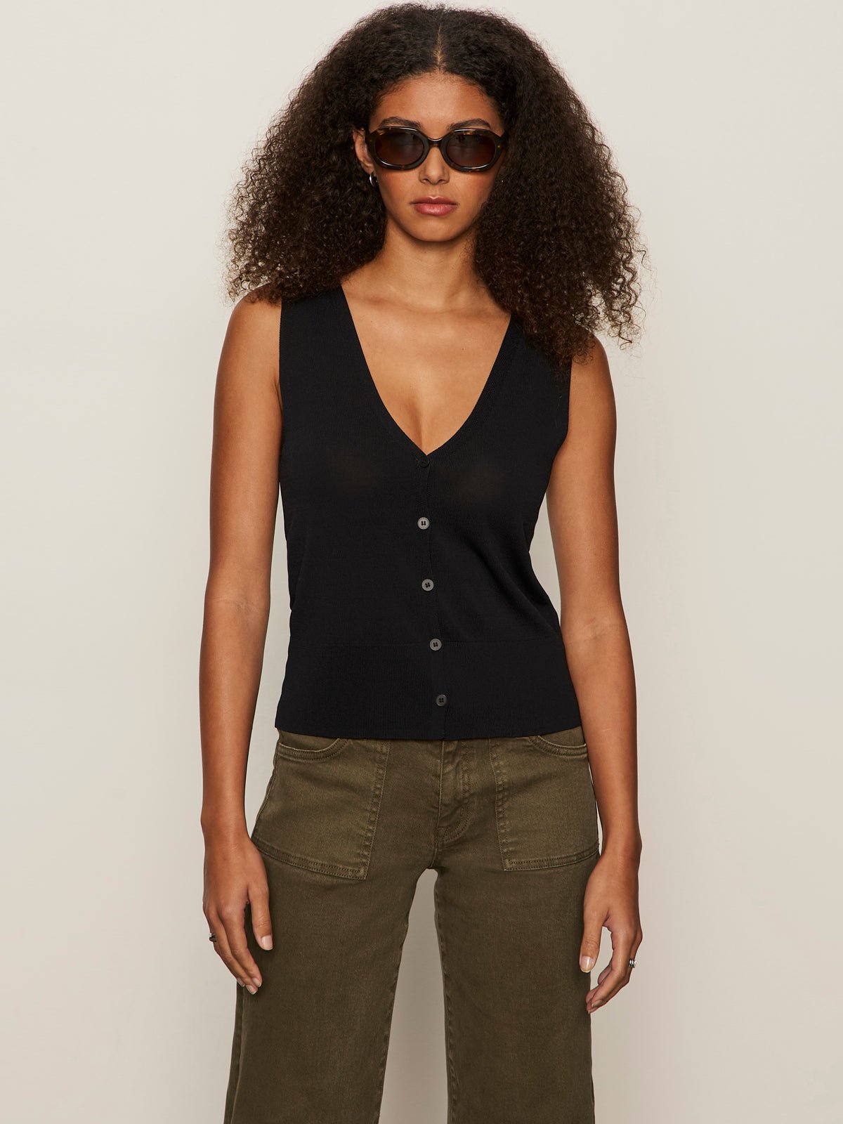 Knitted Button Front Top Black - Sanctuary Clothing