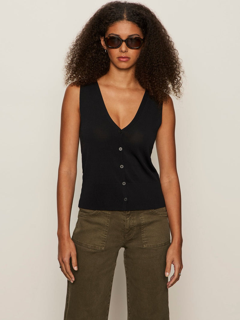 Knitted Button Front Top Black alt 1