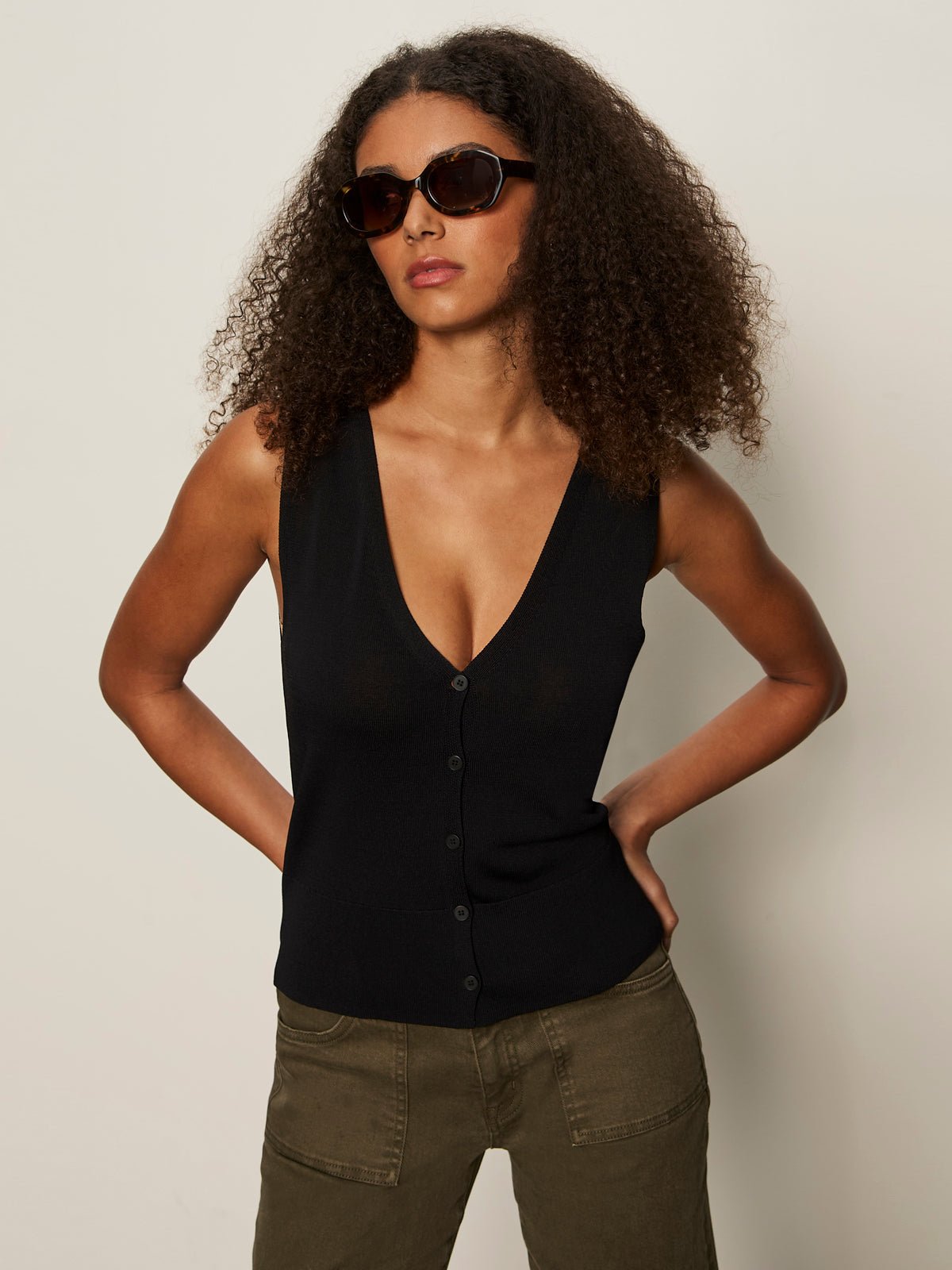 Knitted Button Front Top Black - Sanctuary Clothing