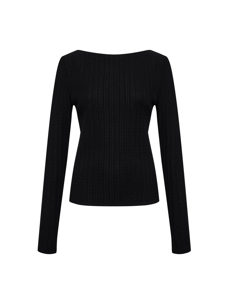 Long Sleeve Boatneck Textured Top Black Extended Sizing alt 5