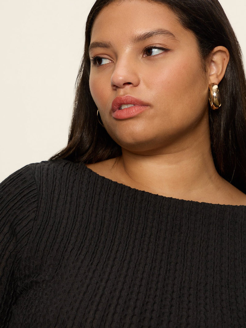 Long Sleeve Boatneck Textured Top Black Extended Sizing alt 3