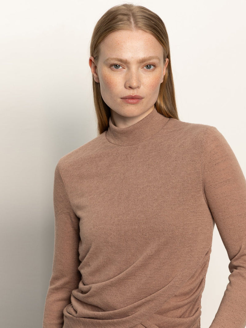 Long Sleeve Draped Mock Neck Top Mocha alt 4