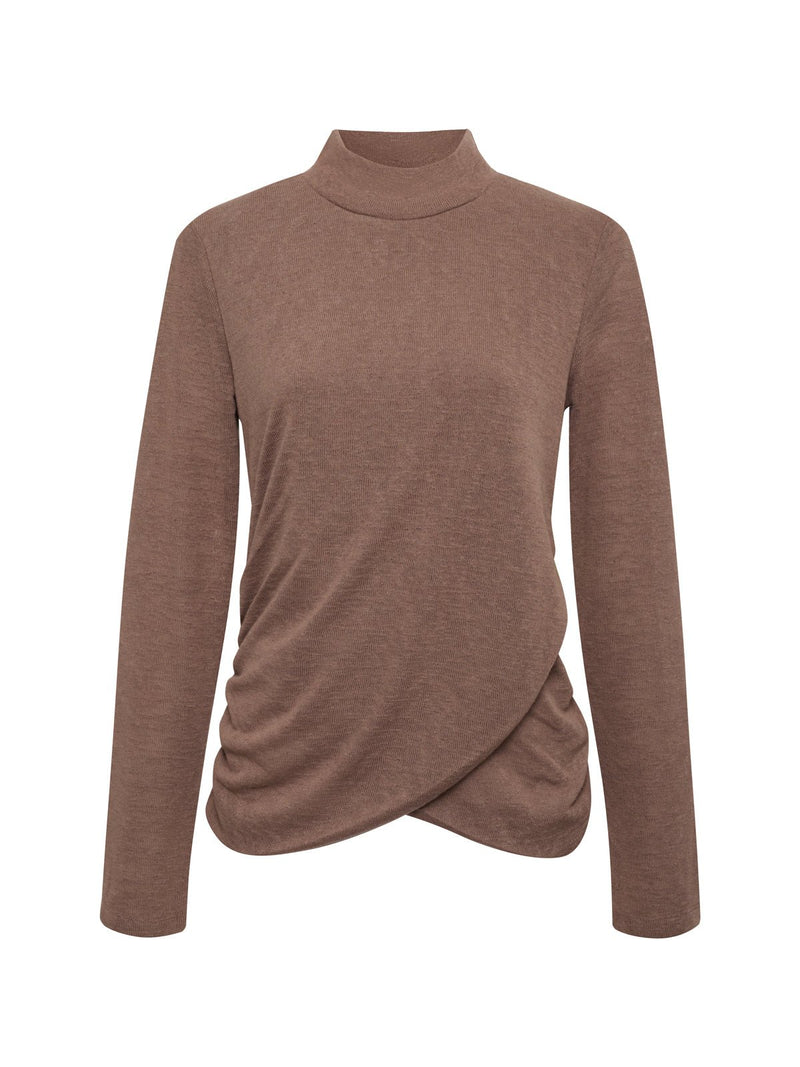 Long Sleeve Draped Mock Neck Top Mocha alt 6