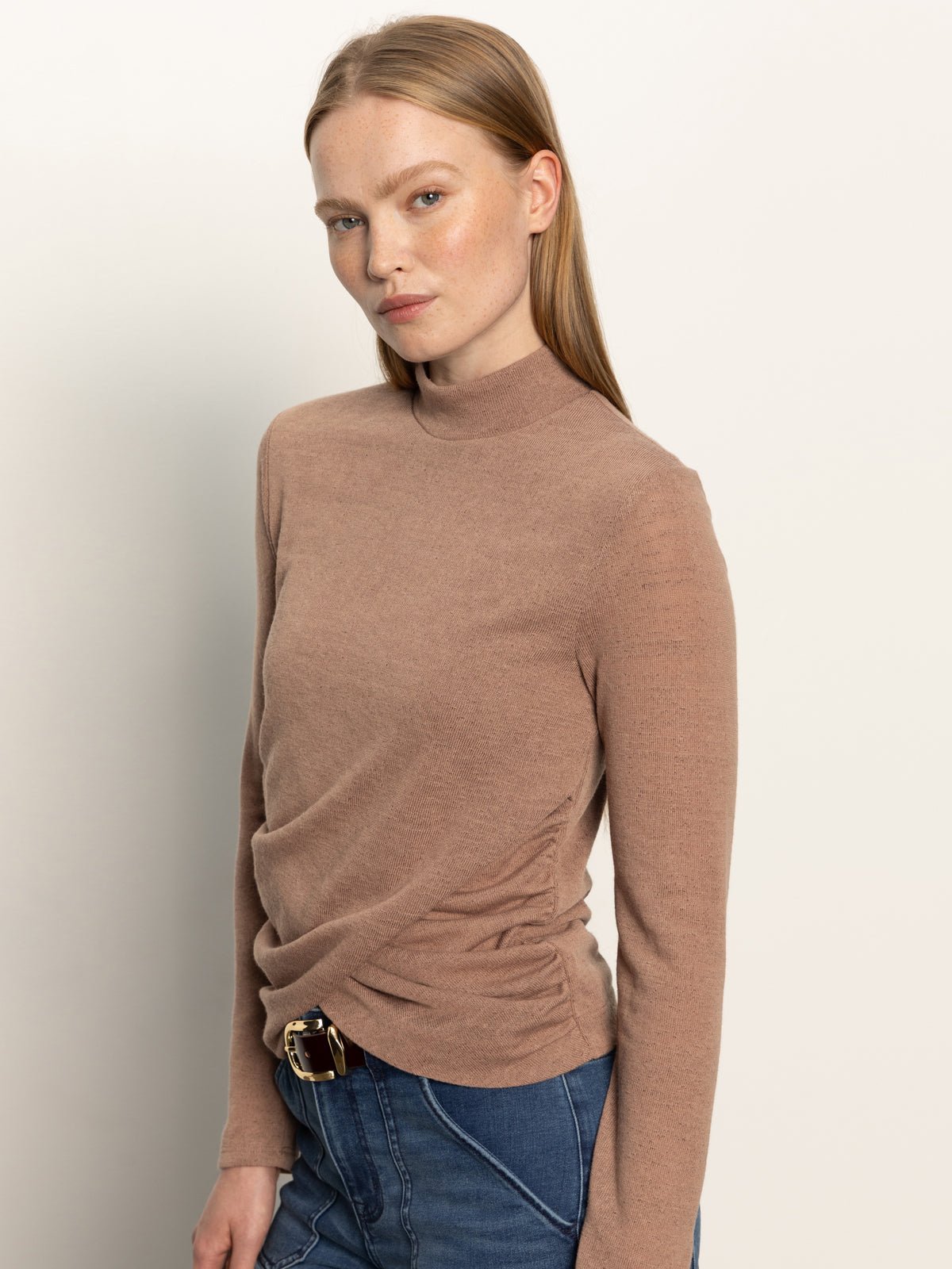 Long Sleeve Draped Mock Neck Top Mocha - Sanctuary Clothing