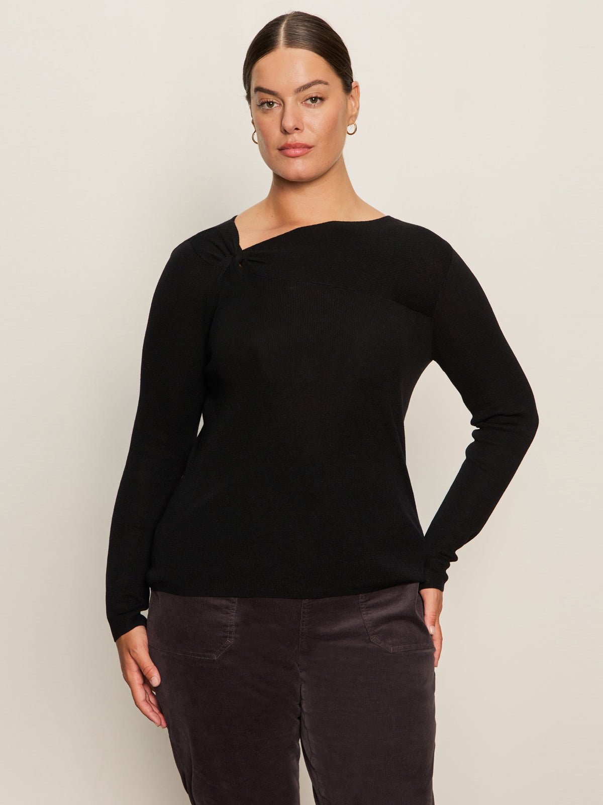 Long Sleeve Shoulder Twist Top Black Extended Sizing - Sanctuary Clothing