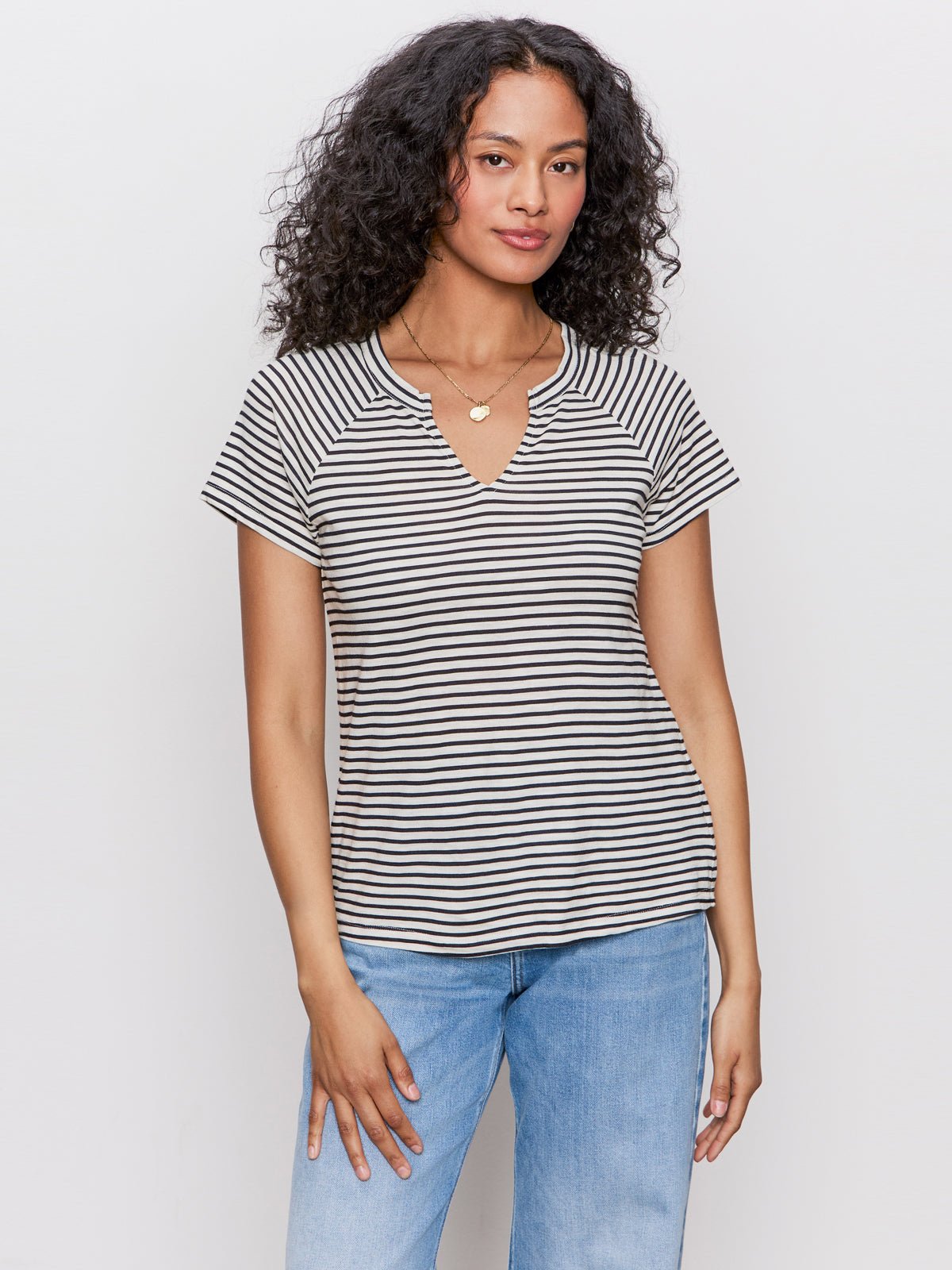 Notch Neck Tee Light Oat/Black Stripe - Sanctuary Clothing