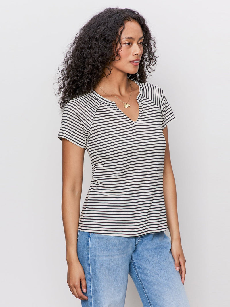 Notch Neck Tee Light Oat/Black Stripe alt 2