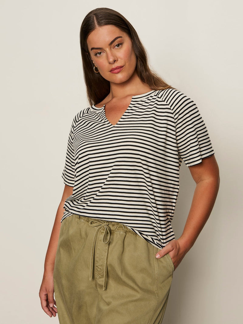 Notch Neck Tee Light Oat/Black Stripe Extended Sizing