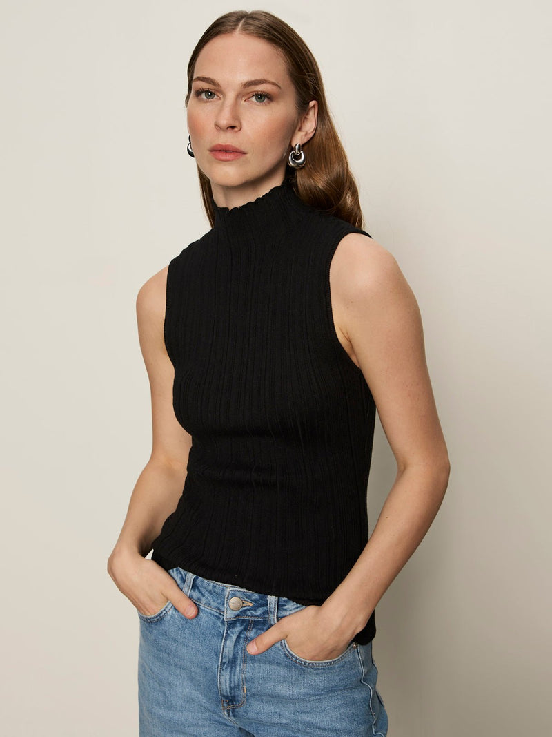 Ribbed Funnel Neck Top Black alt 4