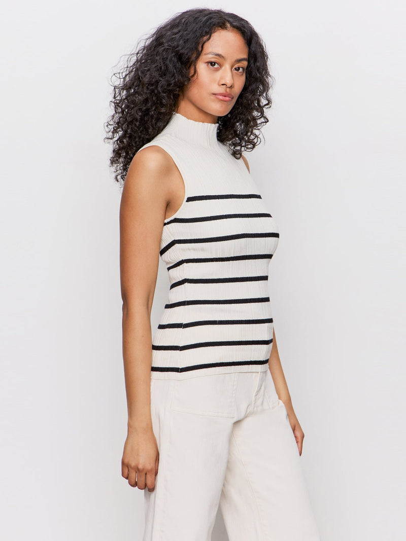 Ribbed Funnel Neck Top Light Oat/Black alt 2