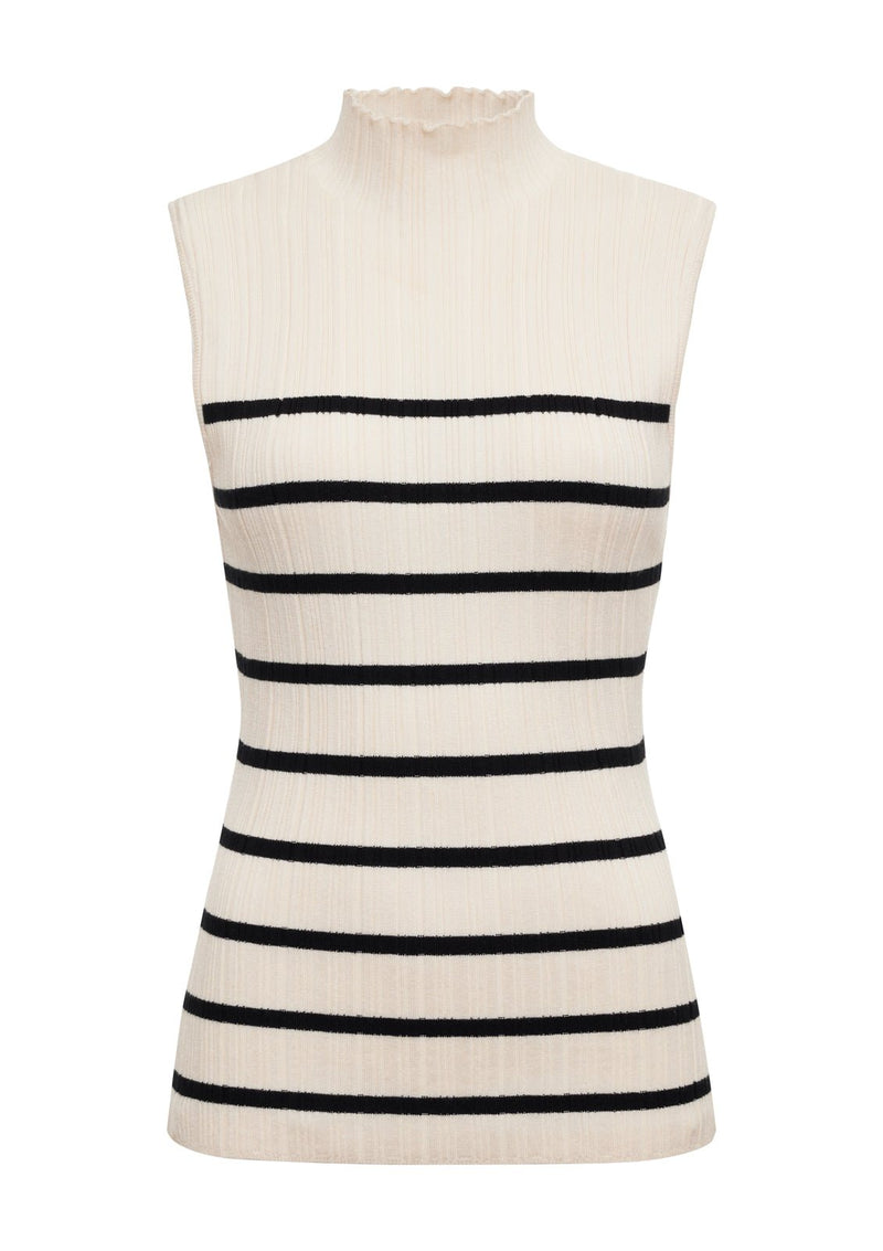 Ribbed Funnel Neck Top Light Oat/Black alt 5