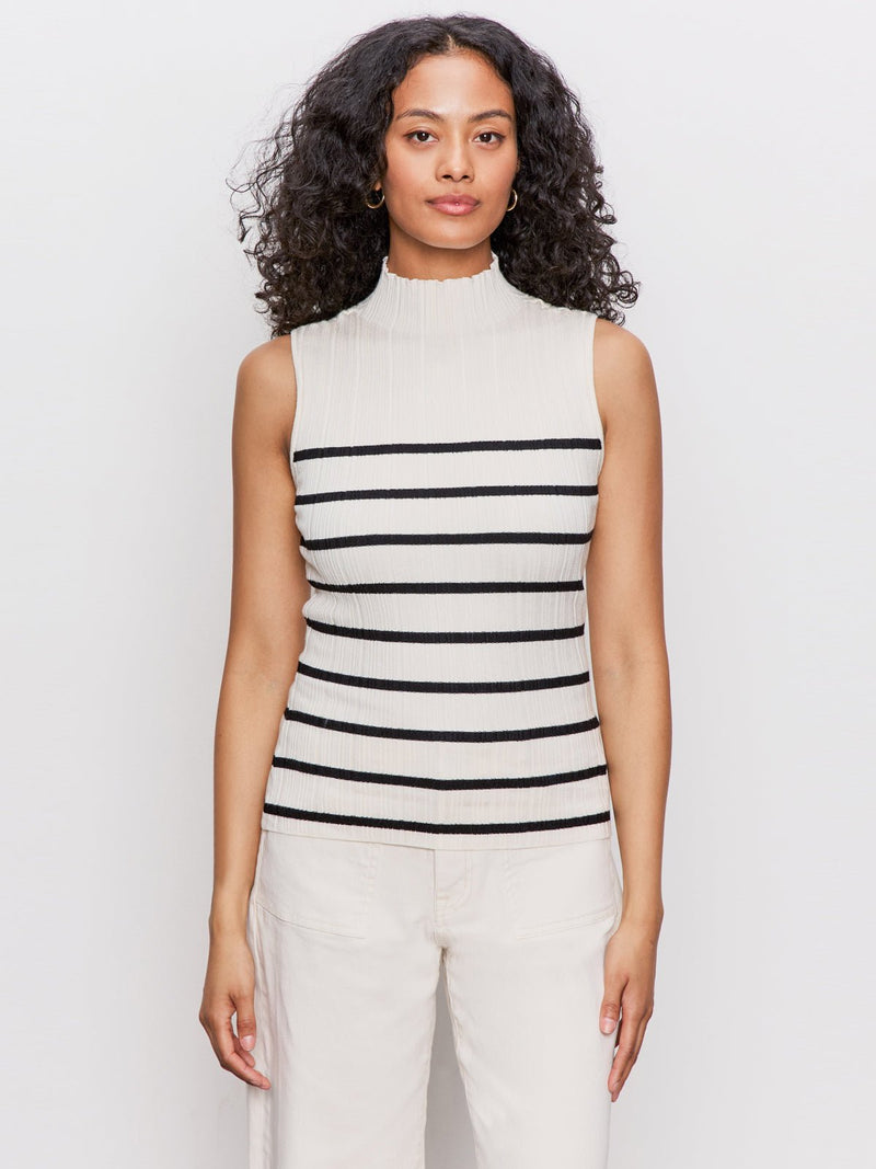 Ribbed Funnel Neck Top Light Oat/Black alt 1