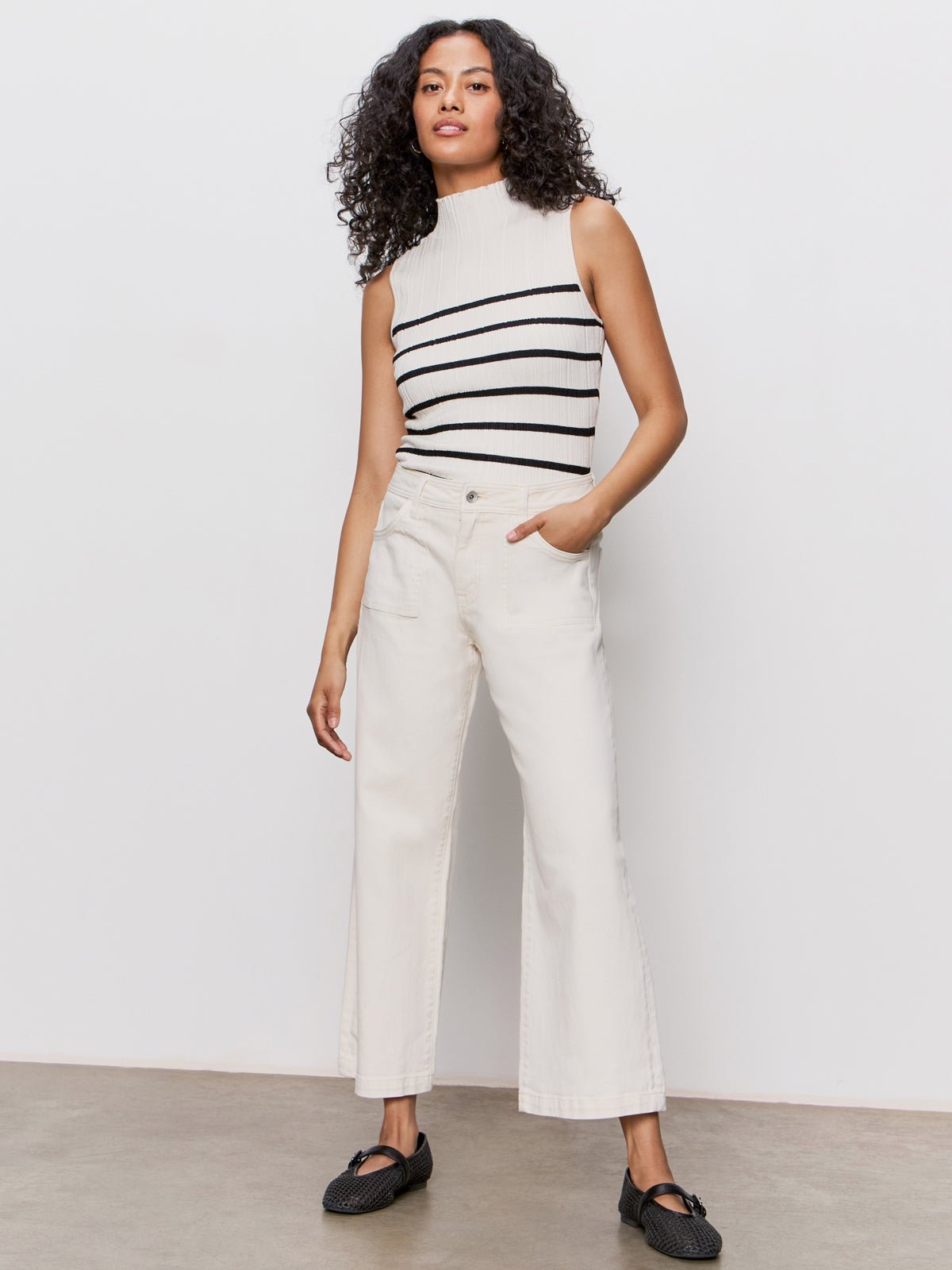 Ribbed Funnel Neck Top Light Oat/Black - Sanctuary Clothing