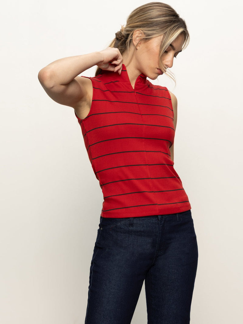 Sleeveless Zip Mock Top Red Energy/Black Stripe