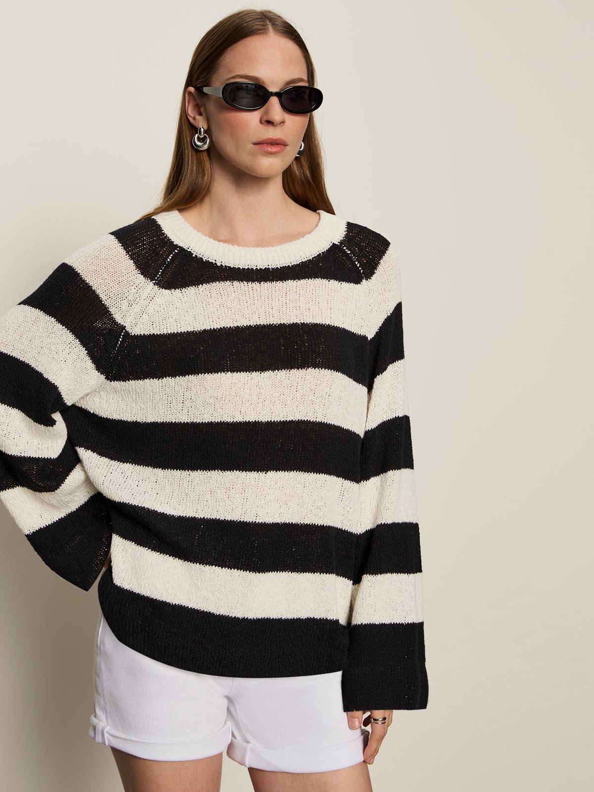 Textured Raglan Crew Sweater Chalk/ Black Stripe - Sanctuary Clothing