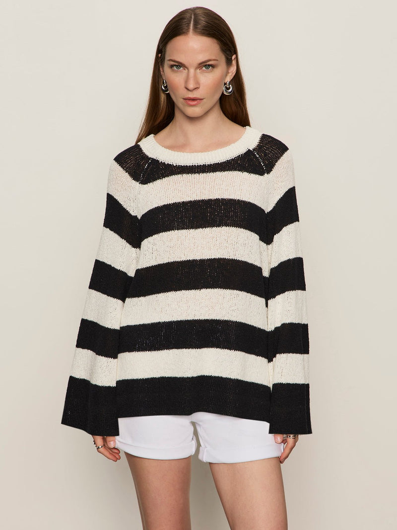 Textured Raglan Crew Sweater Chalk/ Black Stripe alt 1