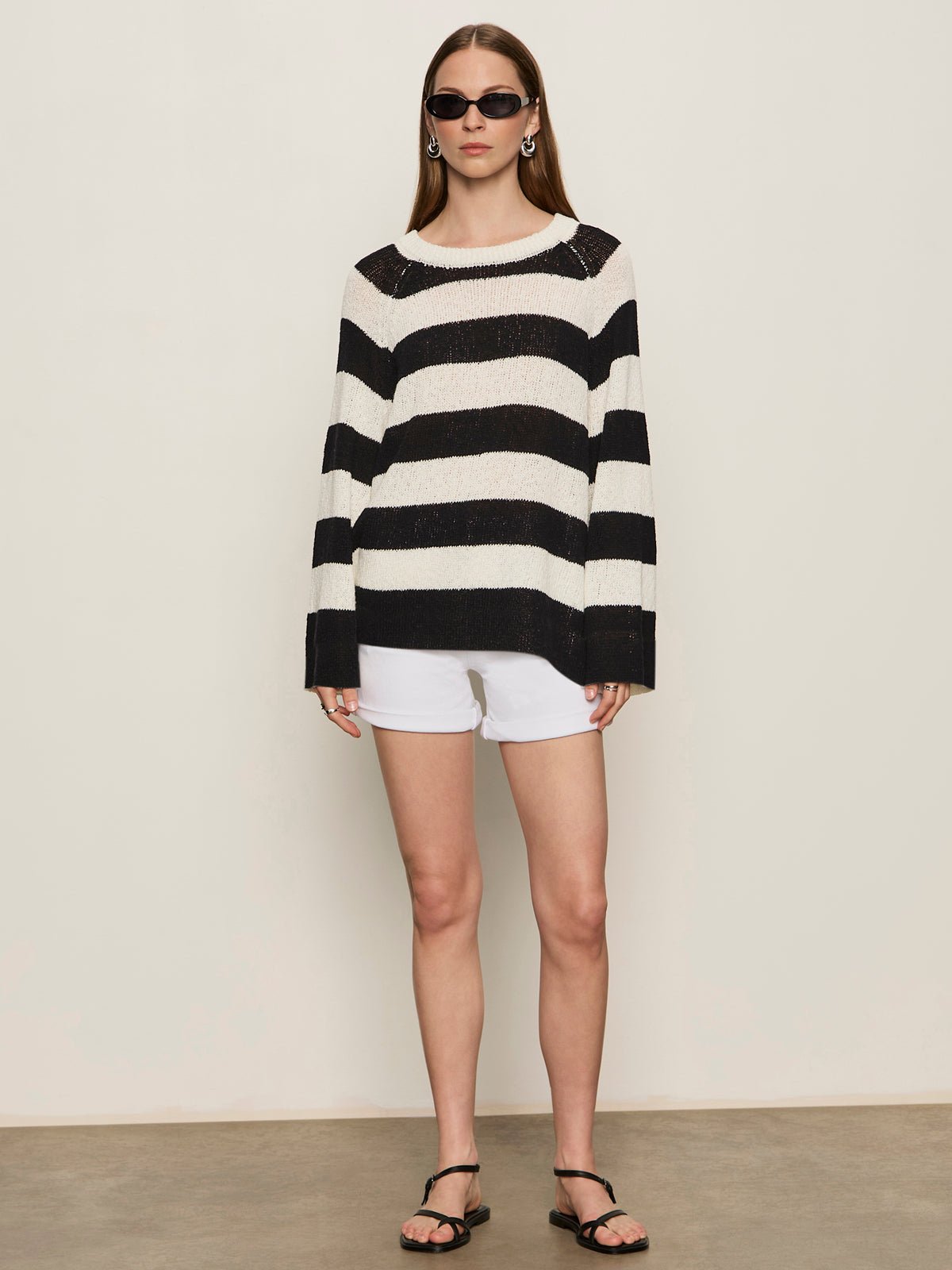 Textured Raglan Crew Sweater Chalk/ Black Stripe - Sanctuary Clothing