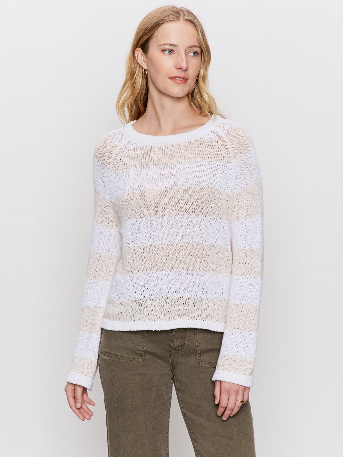 Textured Raglan Crew Sweater White/ Light Oat Stripe - Sanctuary Clothing