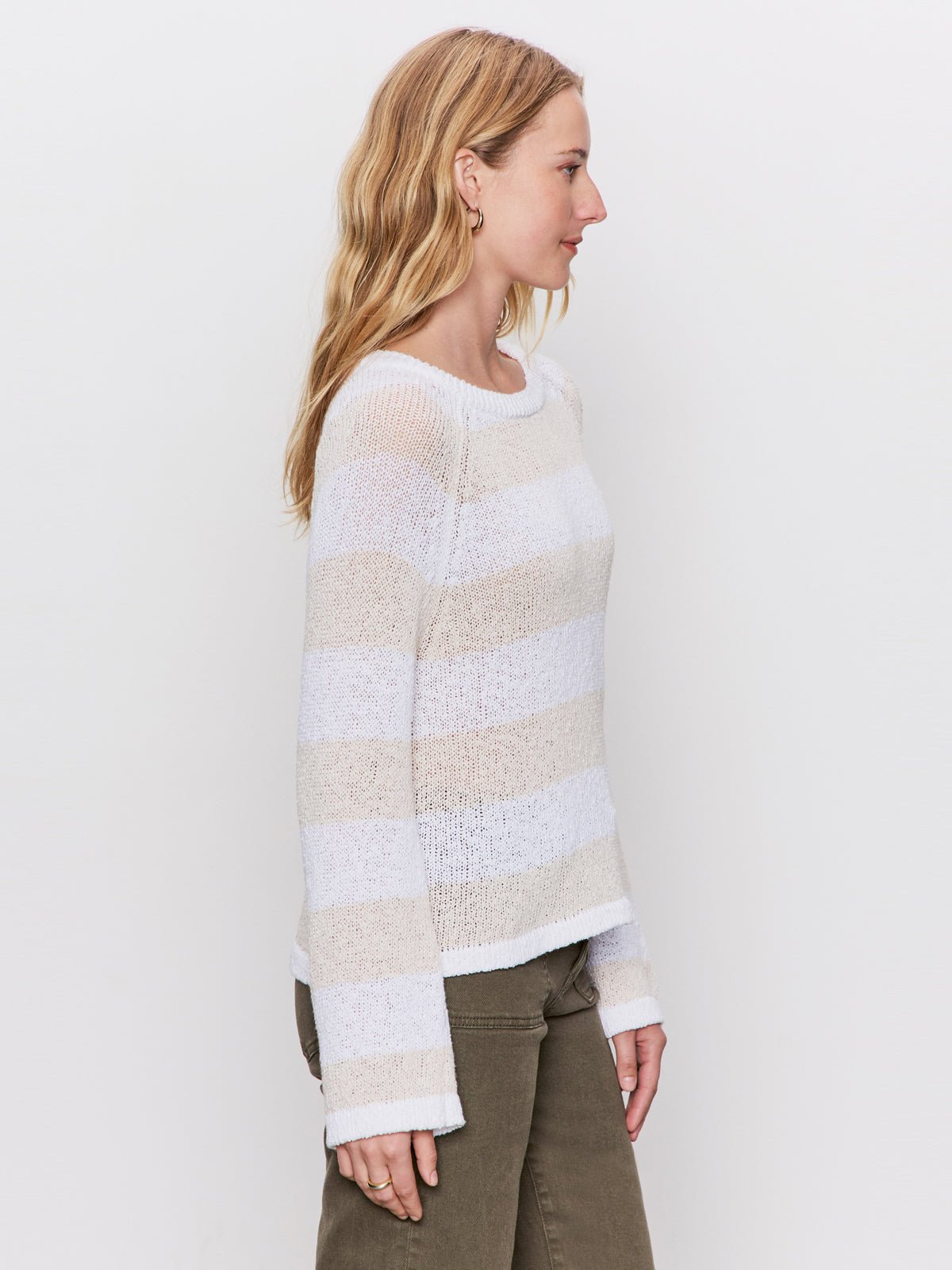 Textured Raglan Crew Sweater White/ Light Oat Stripe - Sanctuary Clothing