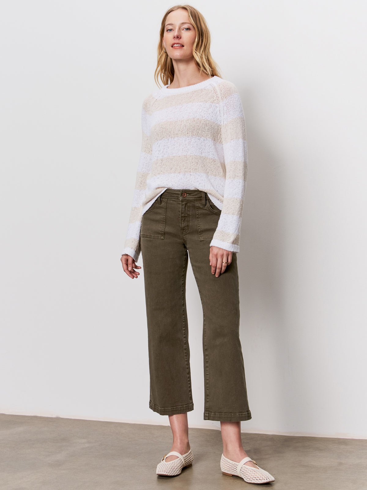 Textured Raglan Crew Sweater White/ Light Oat Stripe - Sanctuary Clothing