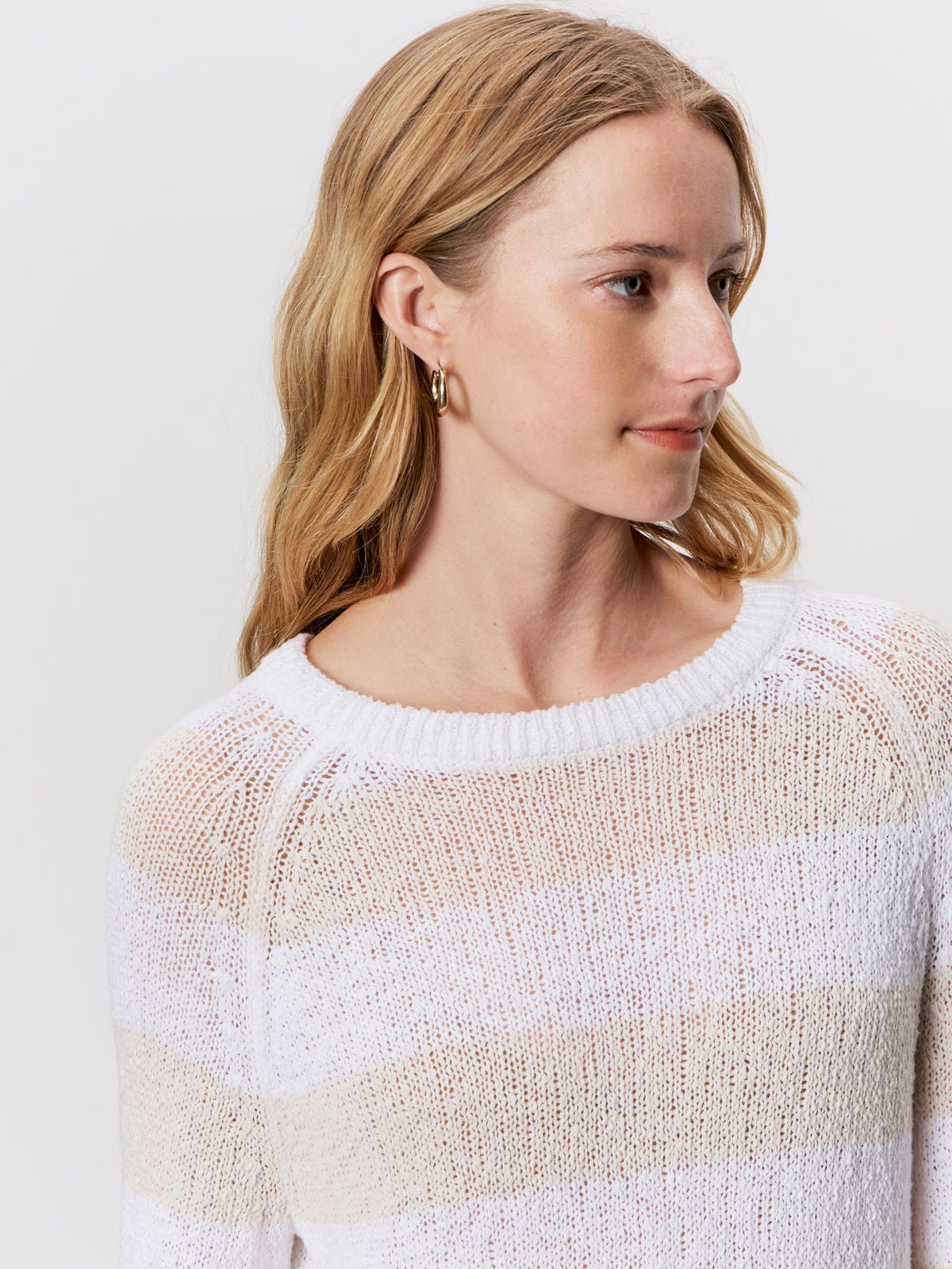 Textured Raglan Crew Sweater White/ Light Oat Stripe - Sanctuary Clothing