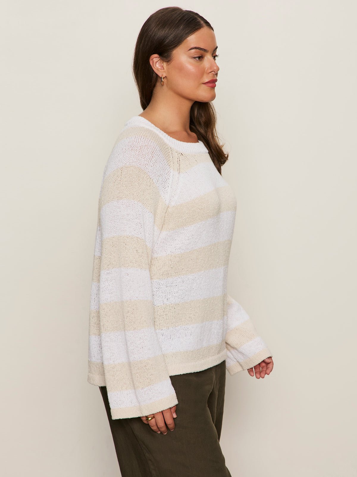 Textured Raglan Crew Sweater White/ Light Oat Stripe Extended Sizing - Sanctuary Clothing
