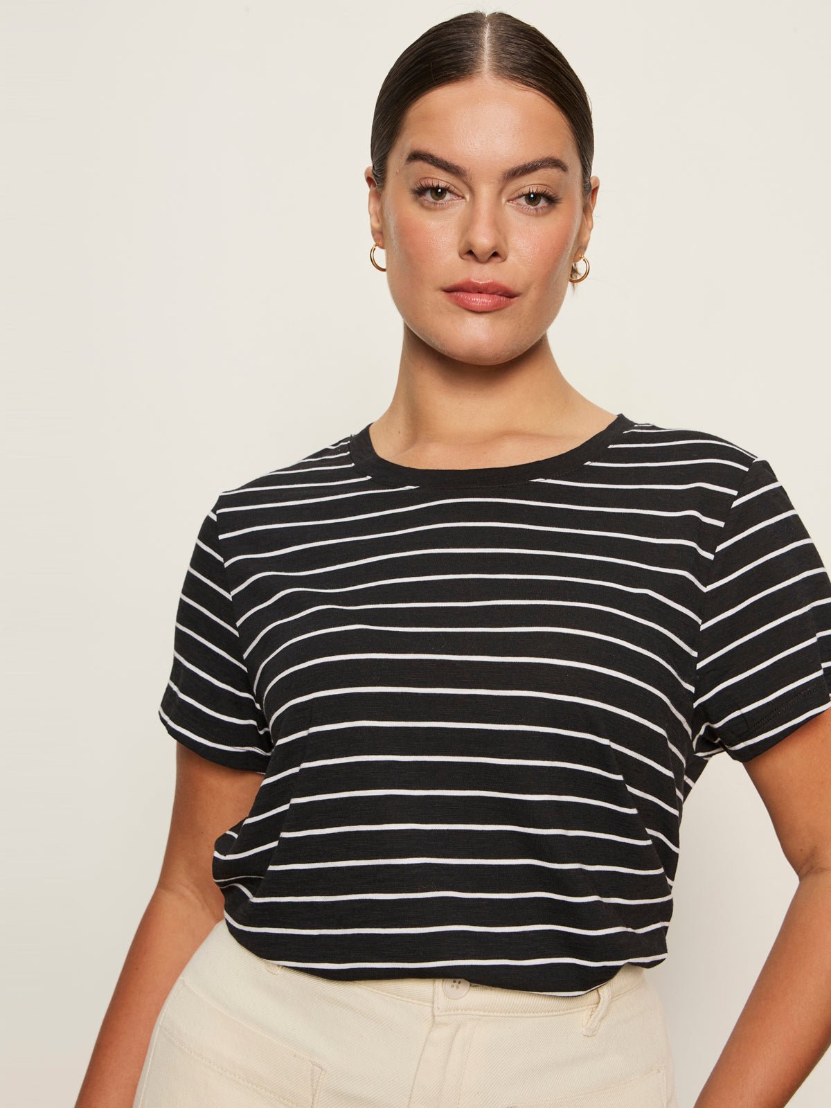 The Perfect Tee White/Black Stripe 5 Extended Sizing - Sanctuary Clothing