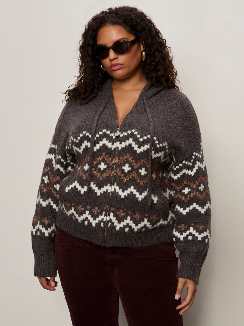 Zip-Up Fairisle Hoodie Mocha Fairisle Extended Sizing