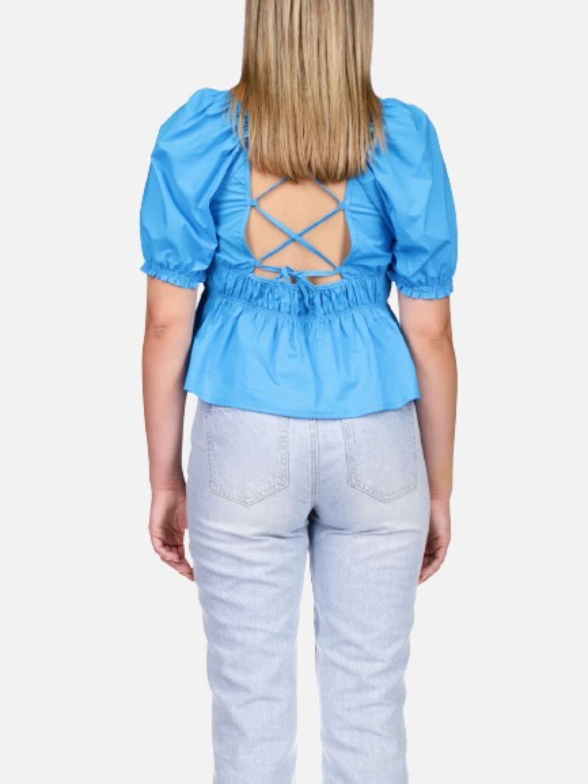 Lace Up Back Top Blue Wire