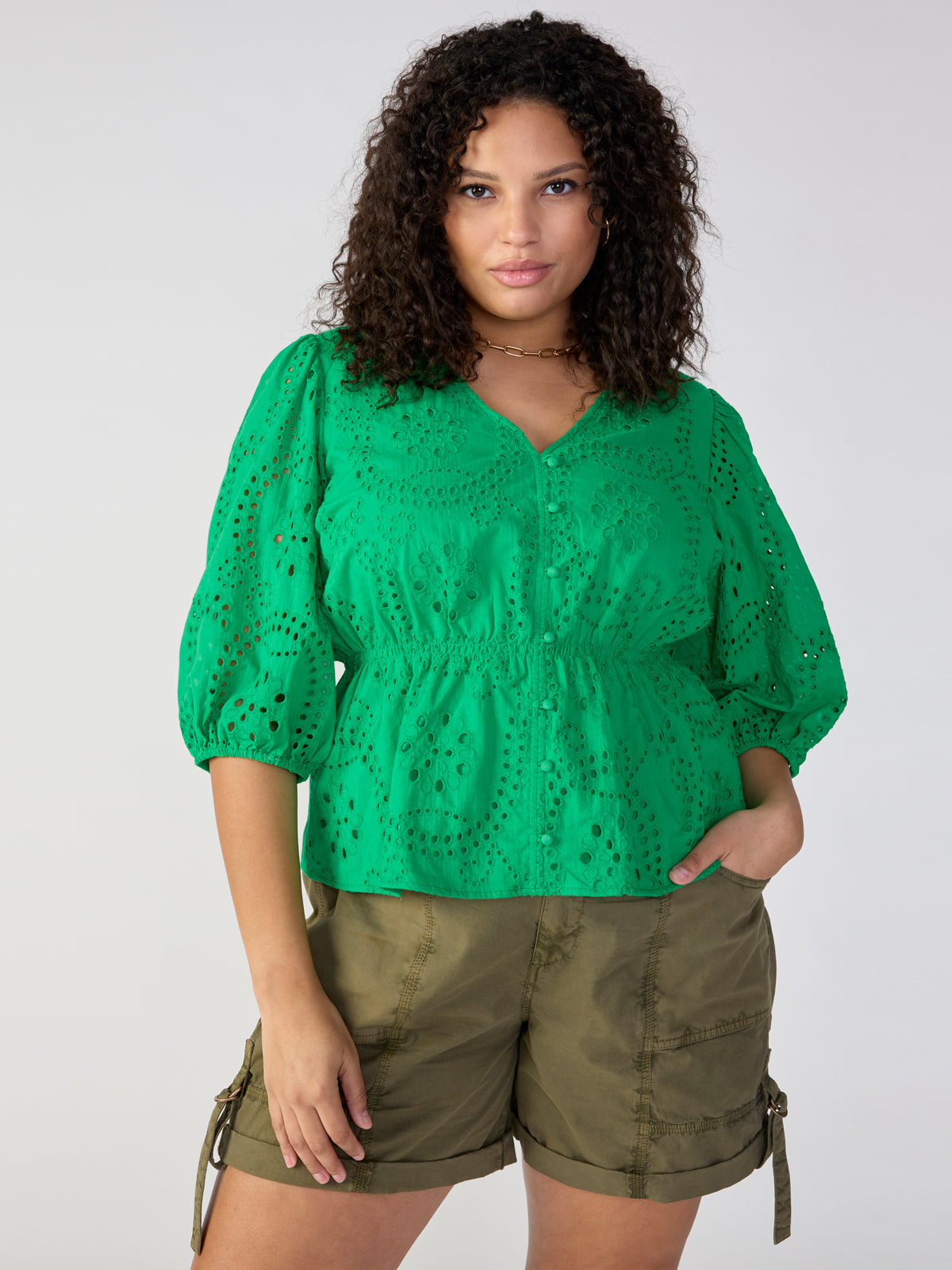 Eyelet Button Front Top Jelly Bean Inclusive Collection