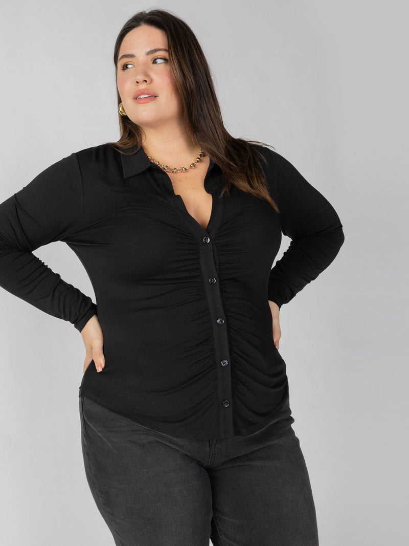 Dreamgirl Knit Button Up Top Black Extended Sizing alt 1